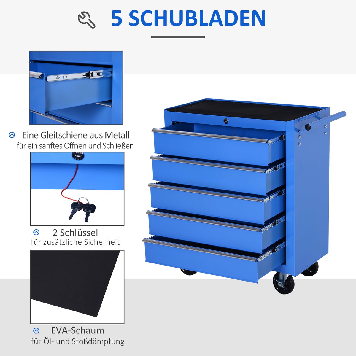 HOMCOM, Mobiele Gereedschapswagen, Werkplaatswagen, 67,5L x 33B x 77H cm, Staal, Blauw