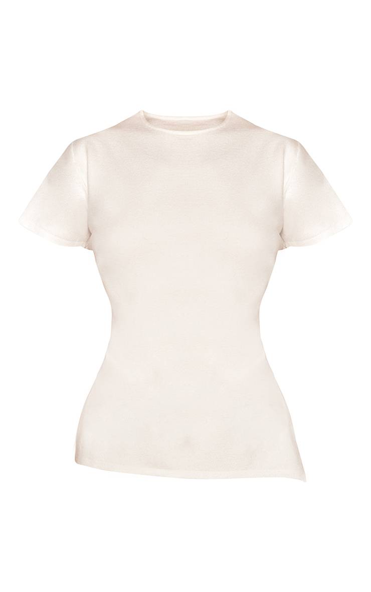 Crème T-shirt Tricoté À Col Rond Avec Fentes Latérales