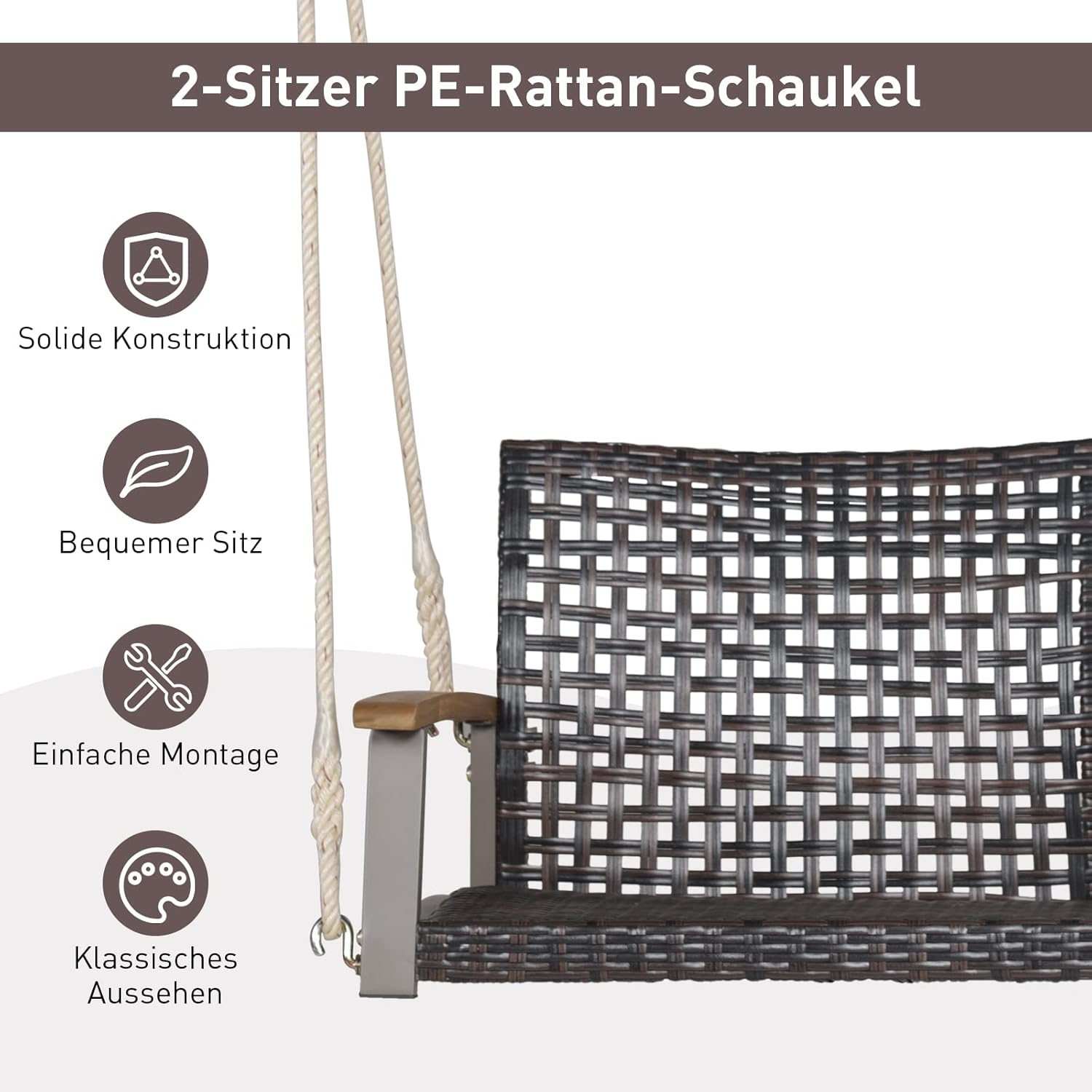 COSTWAY Schaukelbank 2-Sitzer, Hängebank PE-Rattan, Gartenschaukel zum Aufhängen, Hollywoodschaukel mit Akazienholz-Armlehnen, 360 kg Belastbarkeit, Schaukel für Terrasse & Garten & Balkon