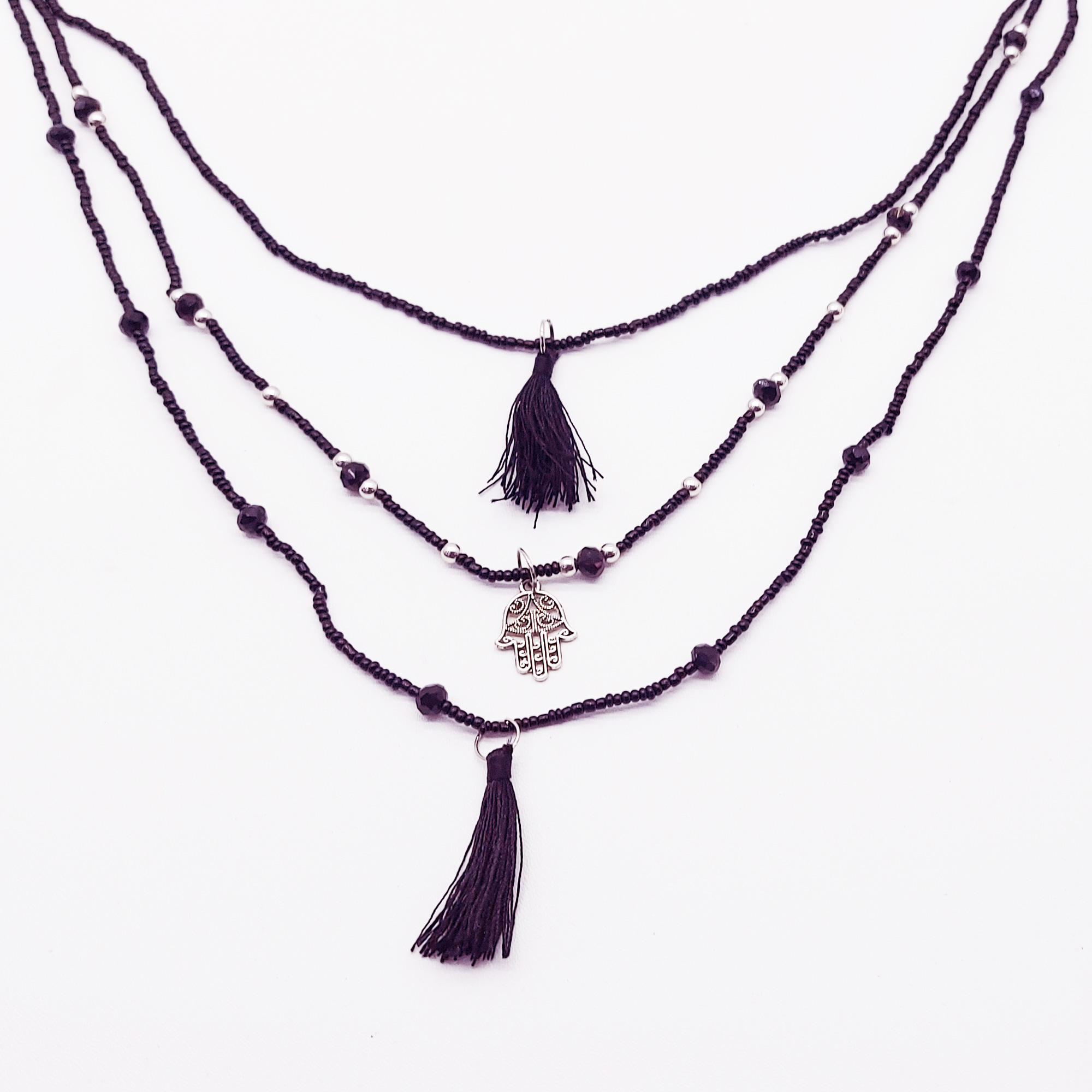 Perlen-Halskette 'Hamsa' mit Troddeln, schwarz, L 40 cm günstig bestellen