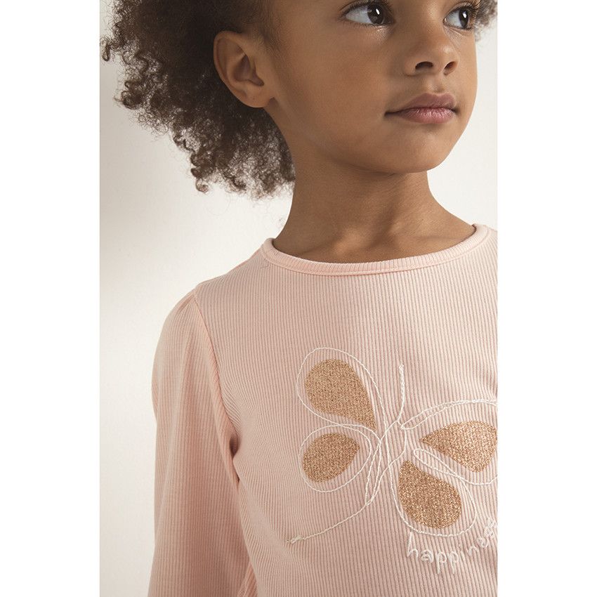 T-shirt manches longues côtelé à print ludique pour enfant fille - Rose