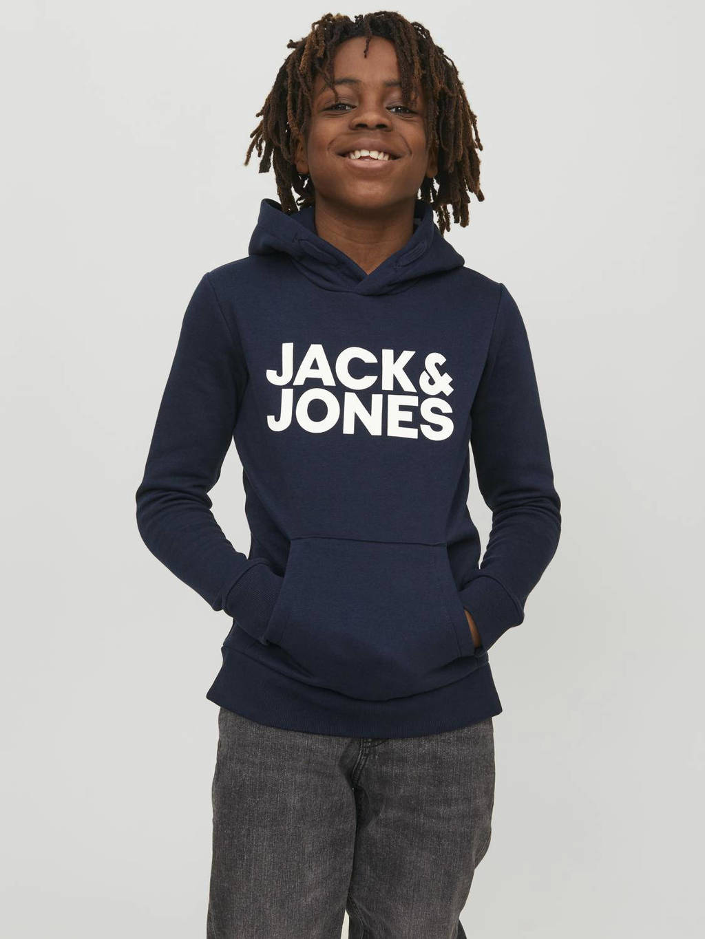 JACK & JONES hoodie JJECORP met logo donkerblauw/wit