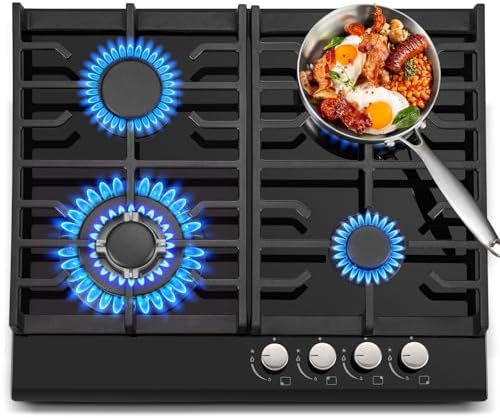 TopStrong Plaque de Cuisson Gaz 4 Feux, 60cm Plaque Gaz 4 Feux avec Sécurité Thermocouple, Cuisinière Encastrable, Naturel/Propane, 8060W, 220 240 V, Verre Noir : Gros électroménager