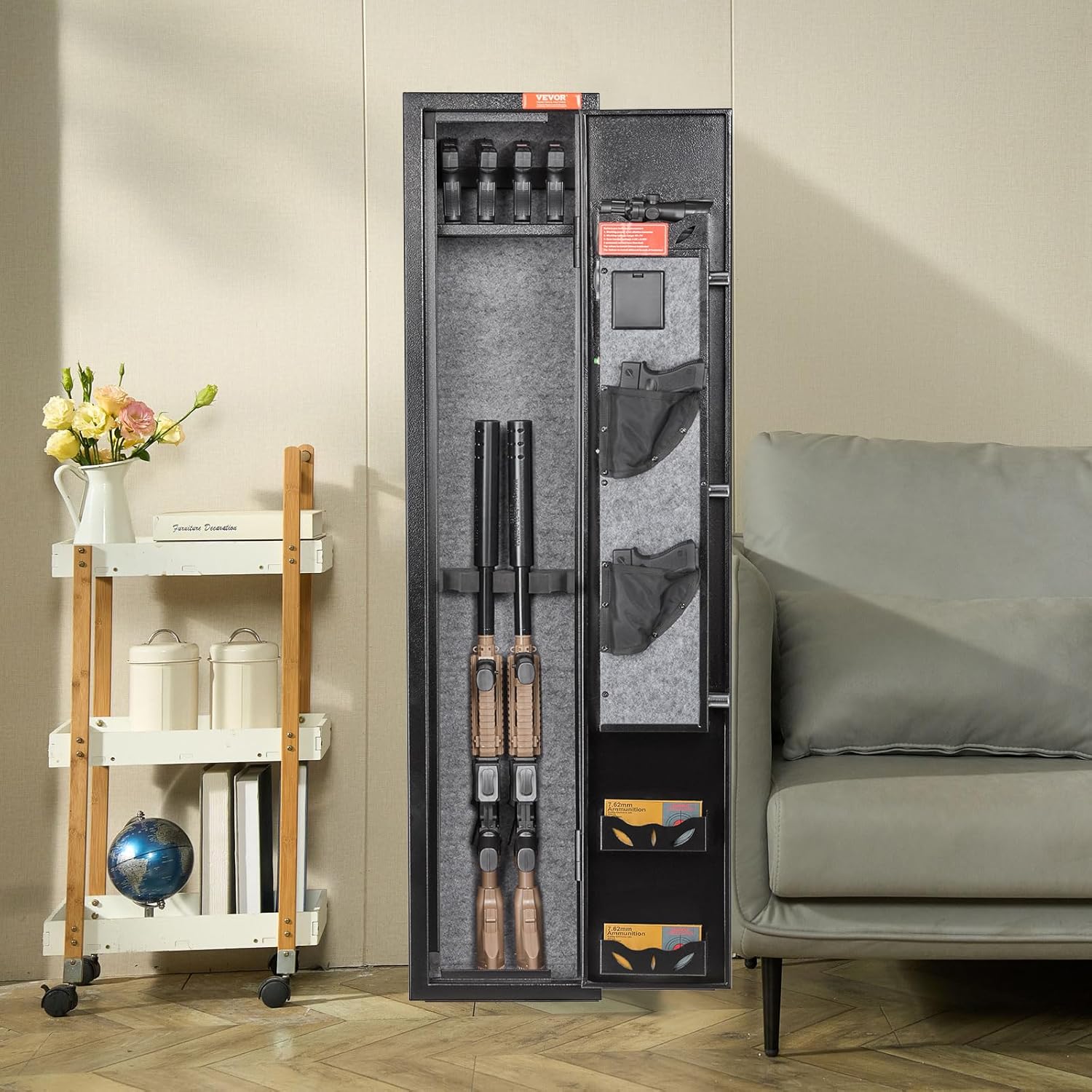 VEVOR Munitionsschrank Waffenschrank Stahlblech Langwaffenschrank 3 Langwaffen, Einstellbarer Waffenschrank 9-stelliges Touchscreen-Passwortschloss, inkl. Kugellagerregal & Befestigungsmaterial