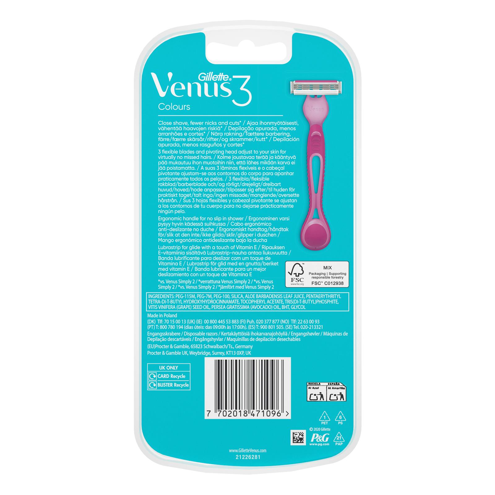 Rasoirs d'épilation jetables à 3 lames Gillette Venus Colors