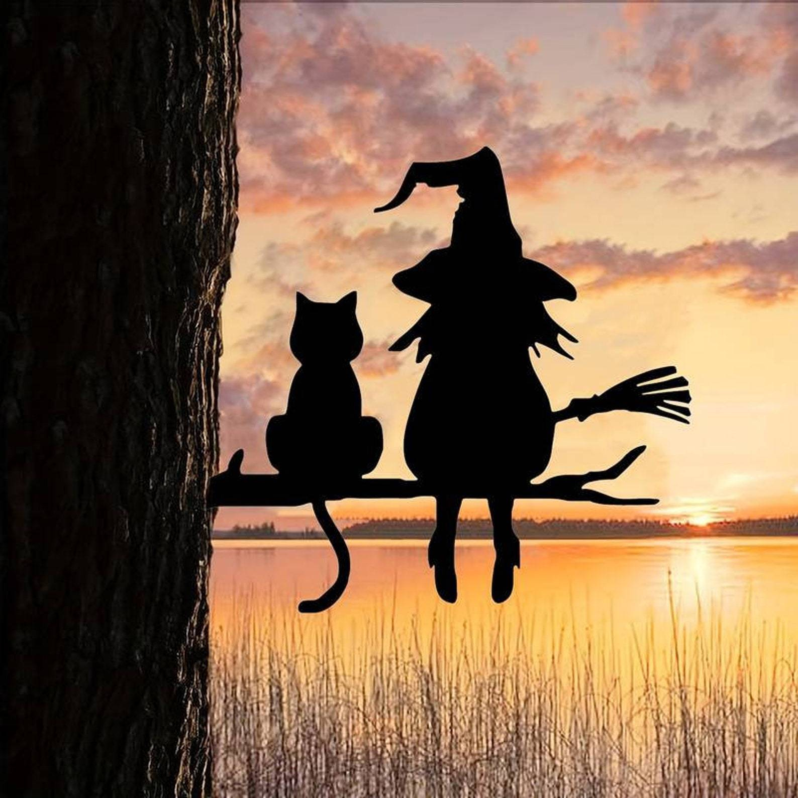 (20x15cm) Metall Hexe Silhouette Katze Baum Dekoration Garten Accessoire - Schwarz