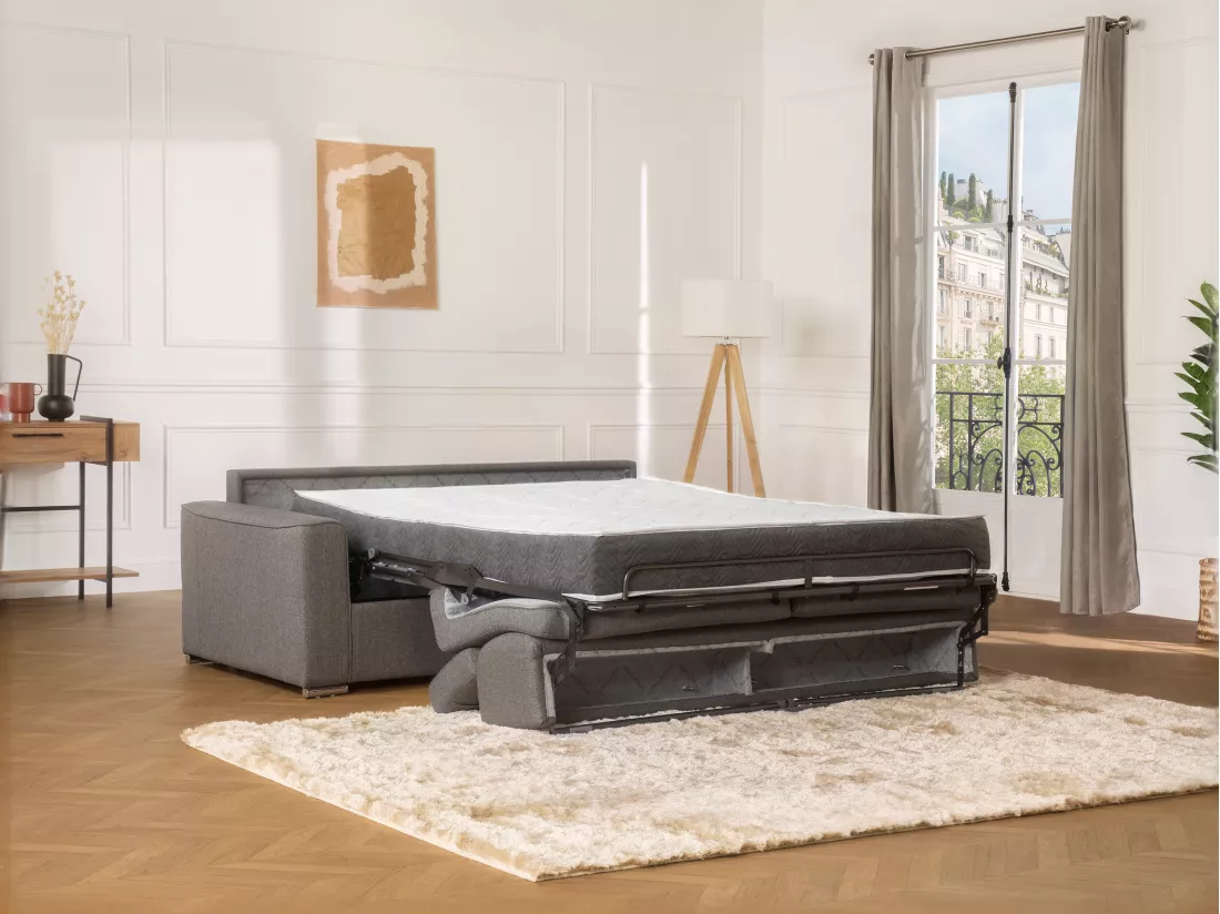 Canapé 4 places convertible express en tissu gris - couchage lattes larges 160 cm - Matelas 22 cm avec mémoire de forme VIZIR
