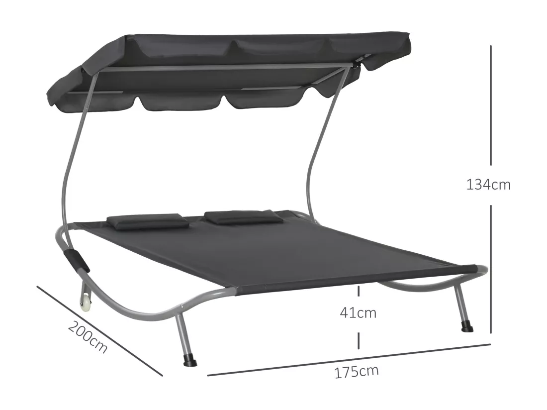 Bain de soleil 2 places lit de jardin design contemporain toit réglable 2 roulettes 2 oreillers acier époxy polyester gris