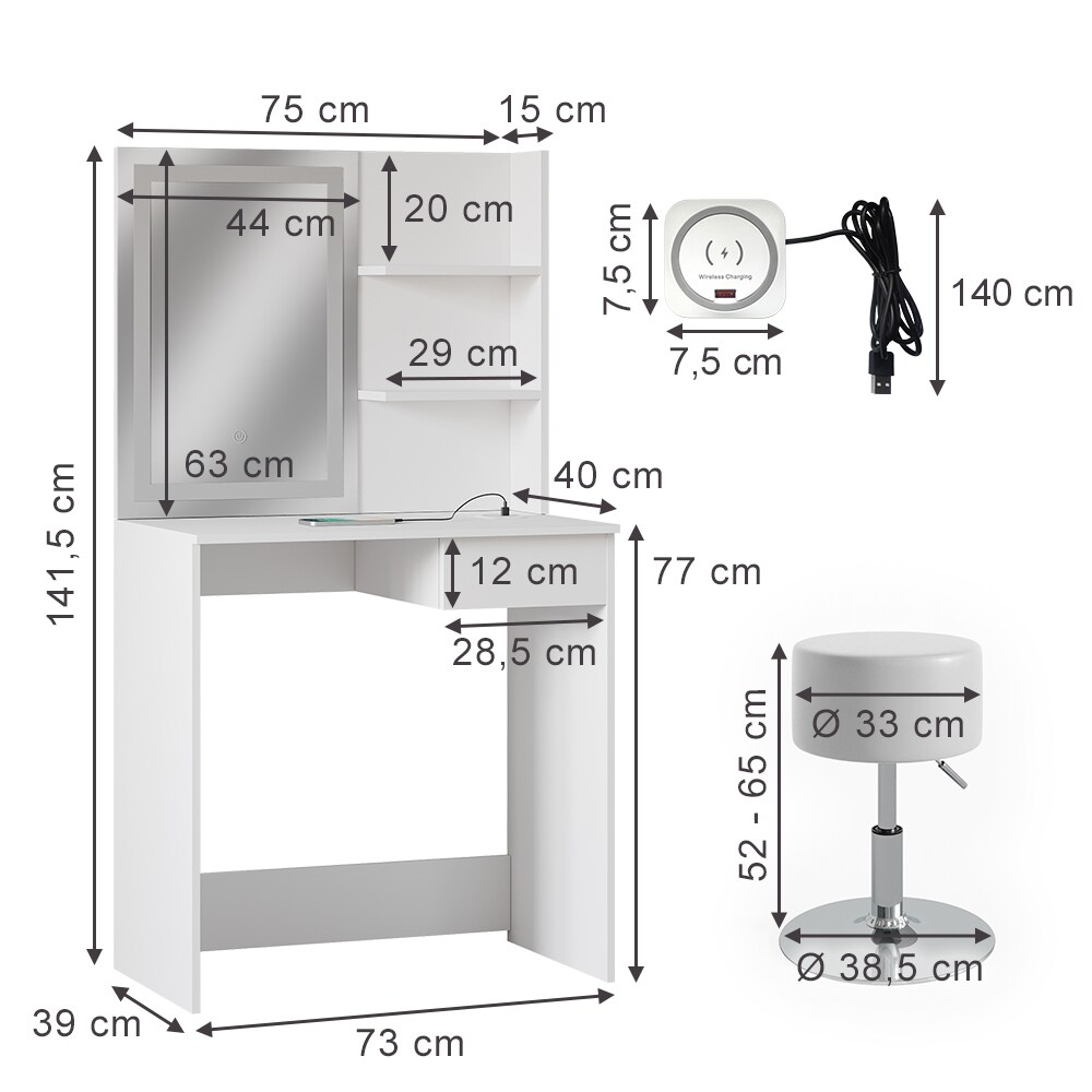 Vicco Schminktisch Dekos Weiß 75 cm mit LED-Spiegel QI-Ladestation und Hocker