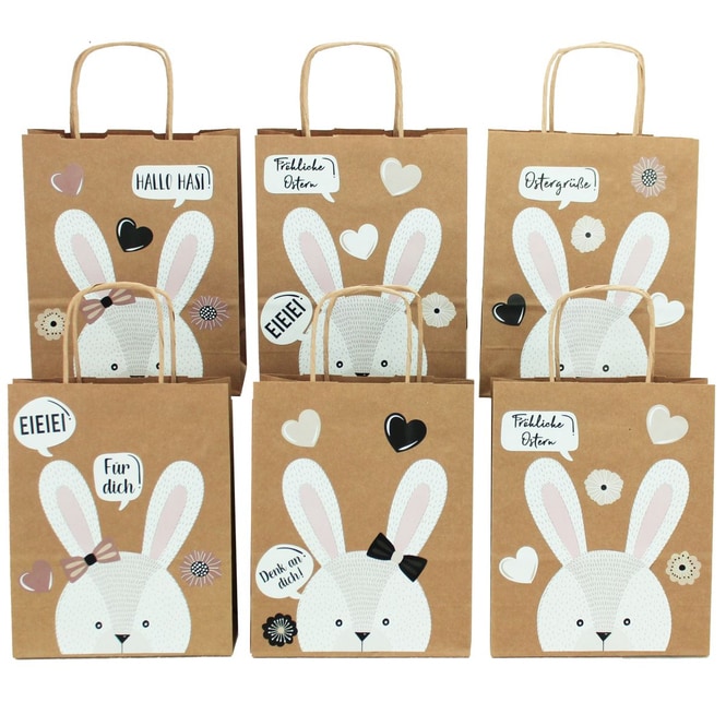 6 Papiertüten zum Gestalten - Ostern - Hasengesichter - ca. 18 x 22,5 x 8 cm