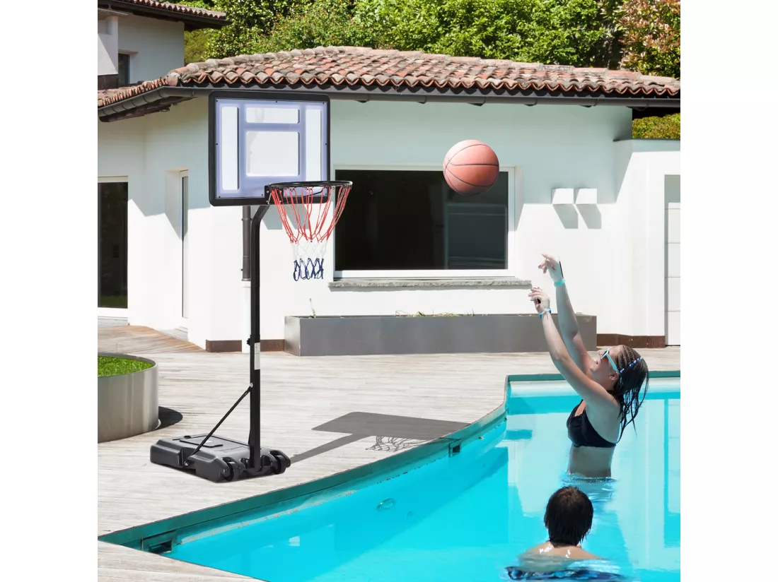 Panier de Basket-Ball sur pied pour bord de piscine poteau panneau, base de lestage sur roulettes hauteur arceau réglable 1,1 - 1,3 m noir blanc