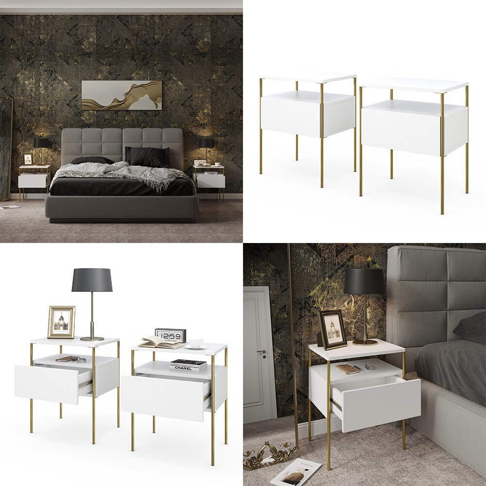 Vicco Nachtschrank Mira Weiß Gold 40 x 50 cm 2er Set Ablage Nachtkommode modern