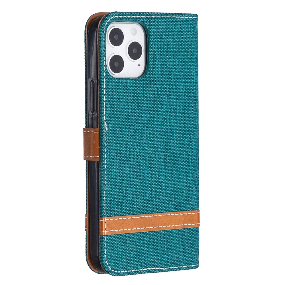 iPhone 12 / iPhone 12 Pro Stoff Tasche im Jeans Look mit Kartenfach   Magnetverschluss - Grün / Braun