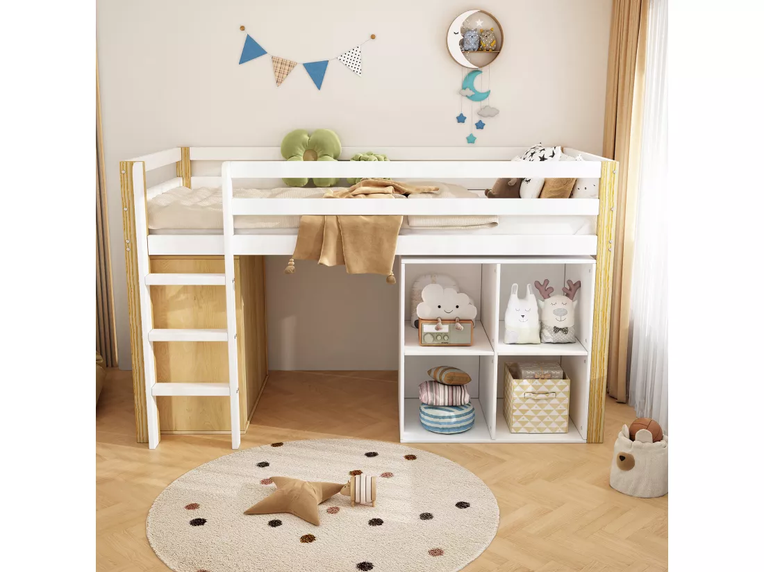 Lit enfant, lit enfant simple avec 2 casiers et échelle, sans matelas, 90 x 200 cm, blanc