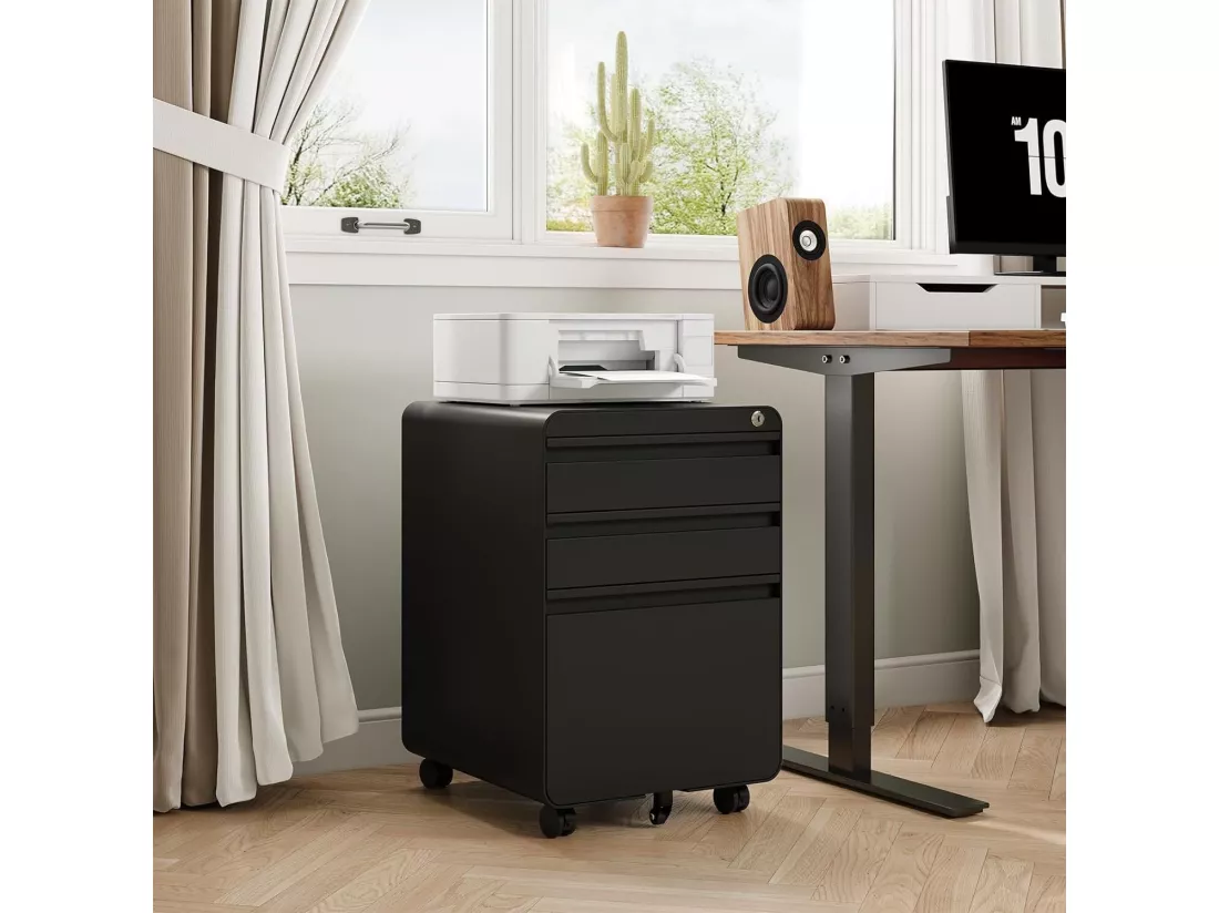 Caisson de Bureau à Roulette 3 Tiroirs,Meuble Dossier Suspendu,Classeur Métal Verrouillable pour Bureau,Bureau à Domicile - 40x45x60cm - Noir