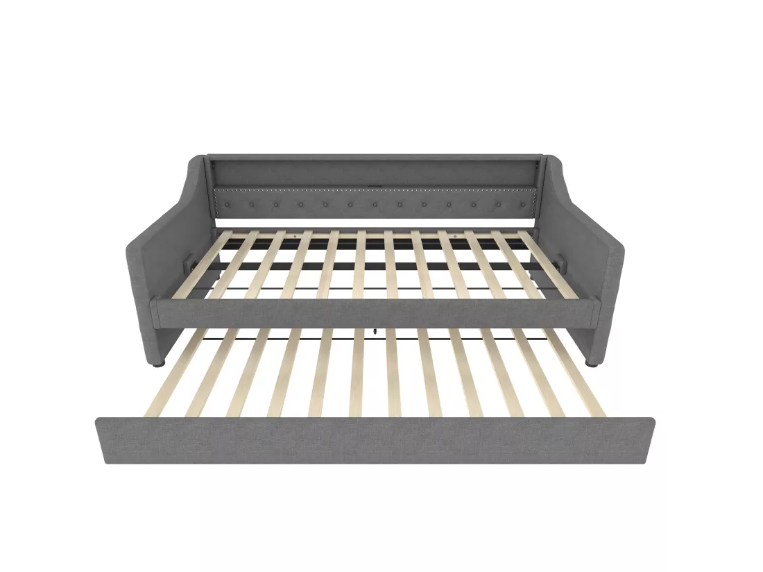 Canapé-lit 90 x 200 cm - avec éclairage LED - avec lit gigogne - avec USB - lin - avec sommier à lattes - gris