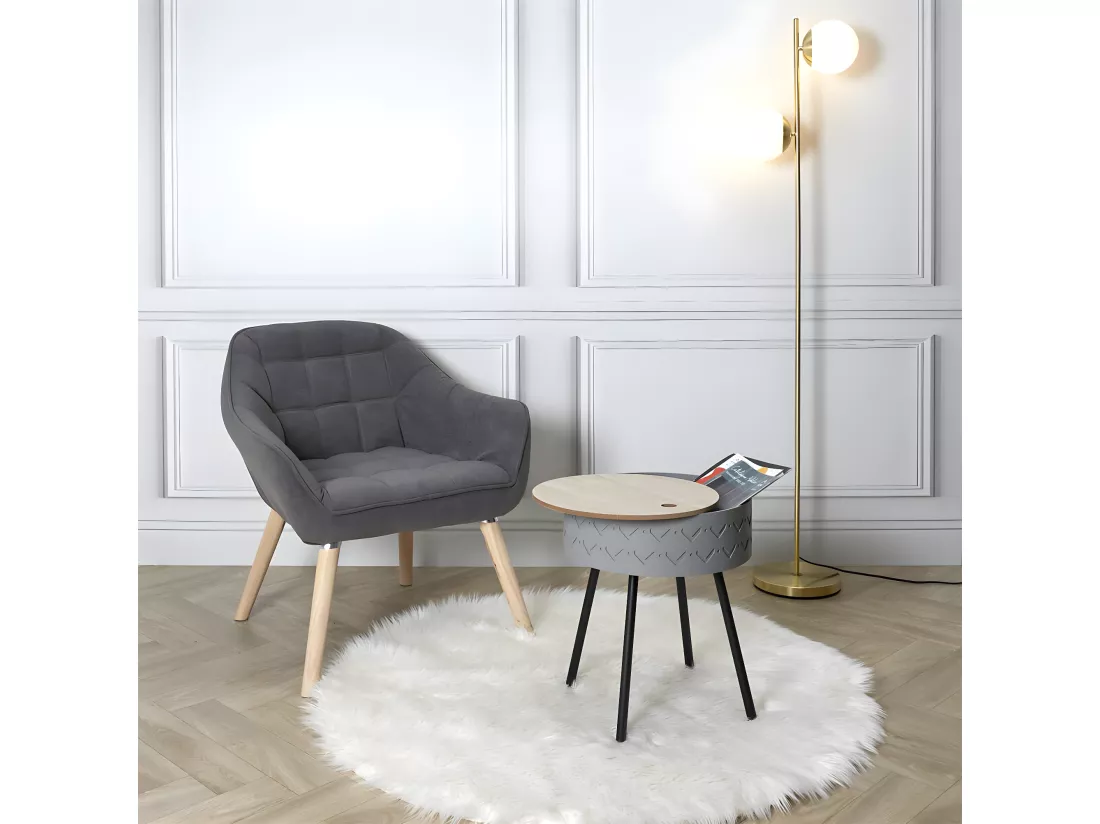 LILY - Table Coffre Grise Plateau Aspect Bois