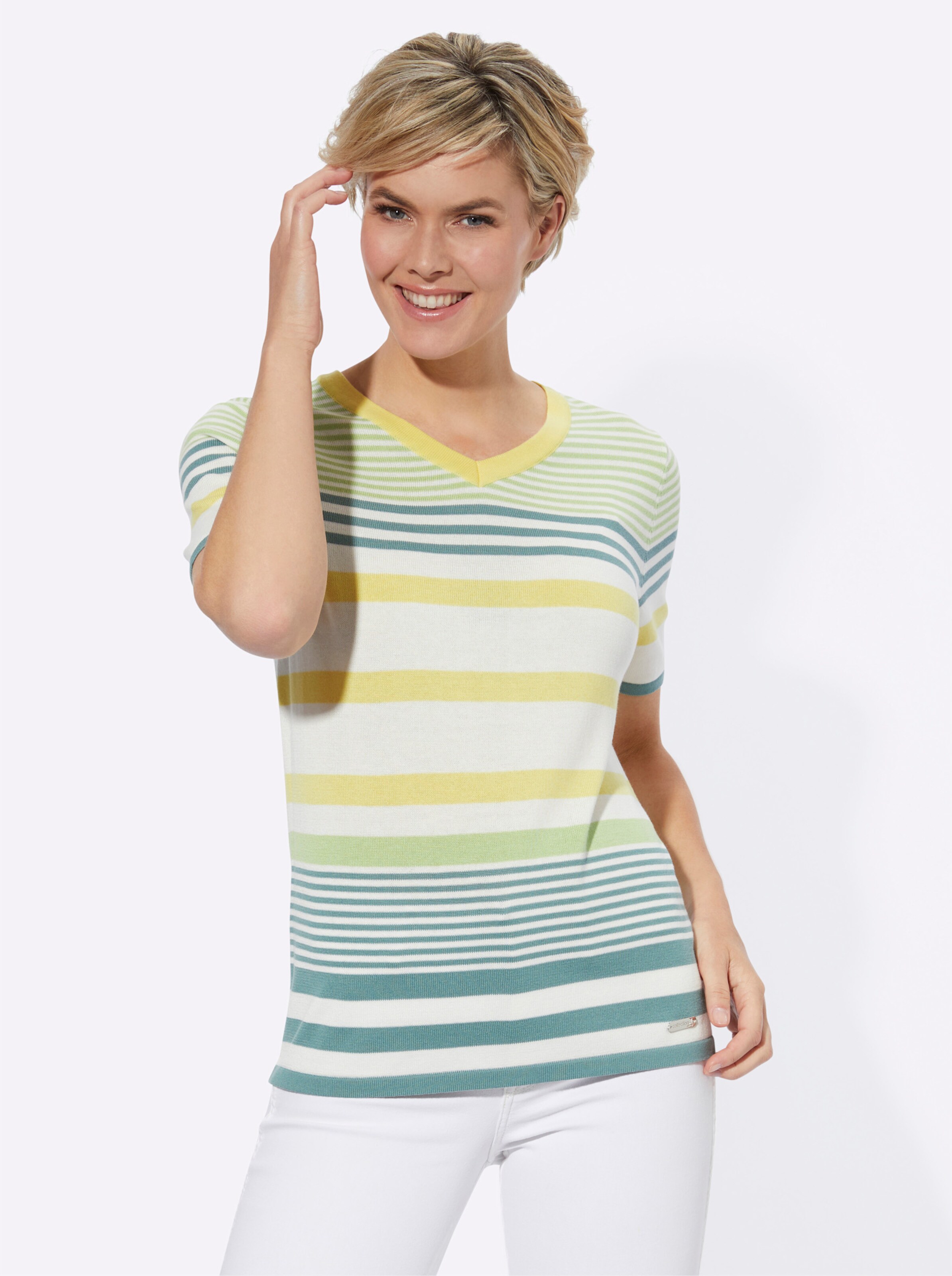 Kurzarm-Pullover in reseda-ecru-geringelt