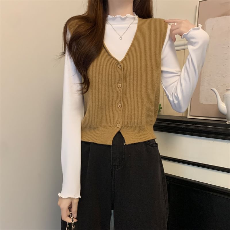 Allinya - V-hals geribbeld vest met knoopjes