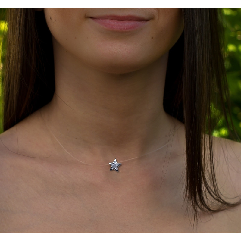 Collier fil de pêche avec fermoir argent et cubic zirconia forme étoile serti clos 40cm