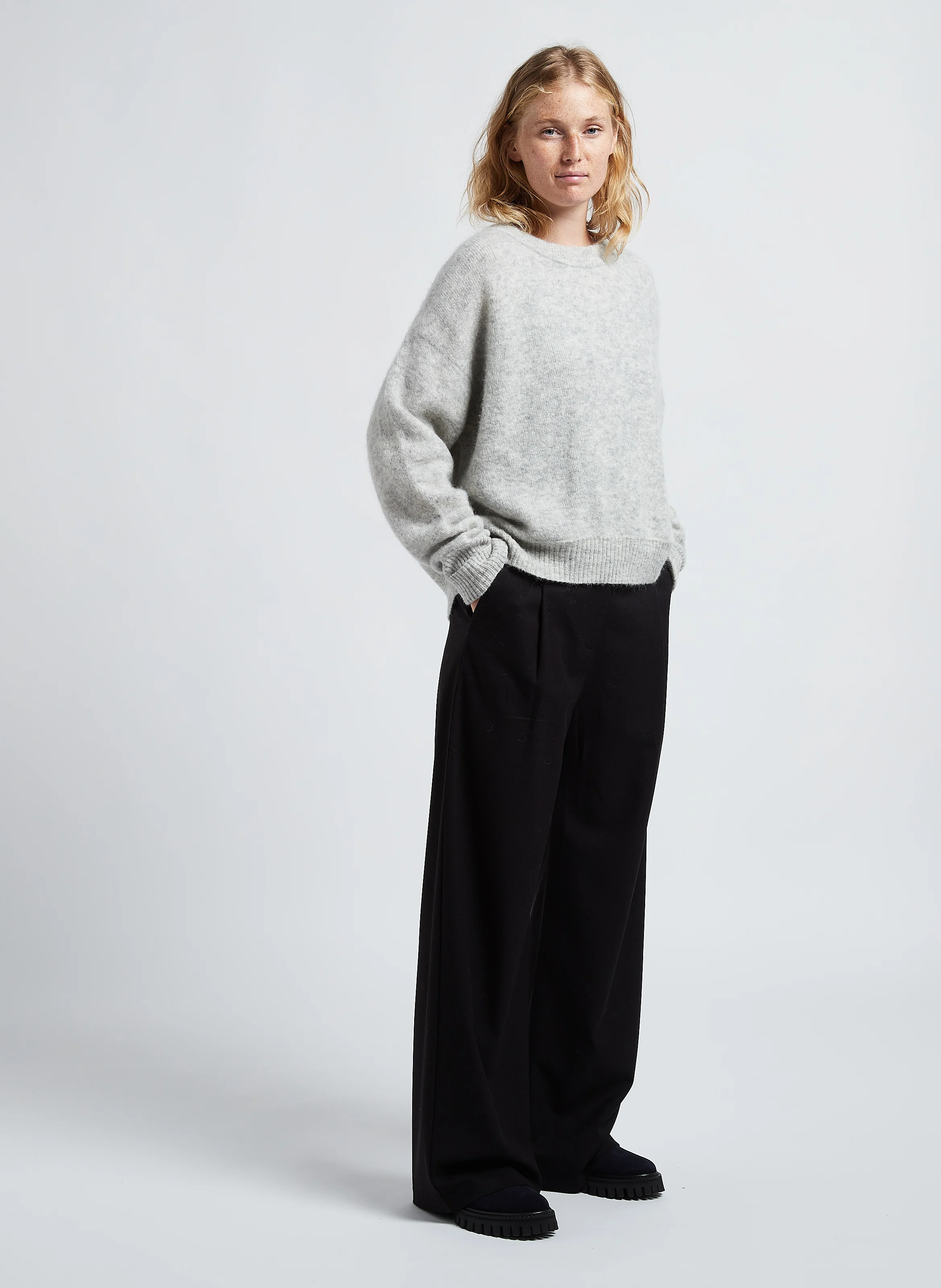 VITOW - Pull ample col rond en laine mélangée| Gris