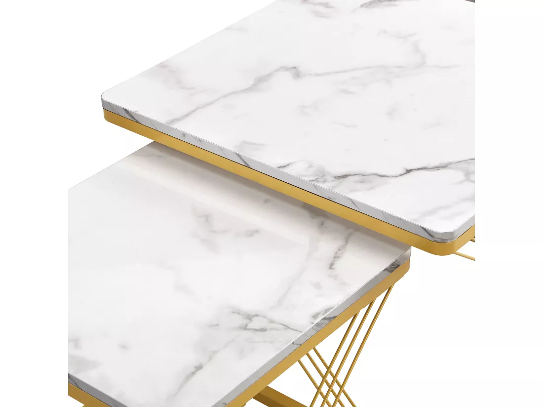 Lot de 2 tables gigognes - plateau à motif de marbre - Blanc & Doré