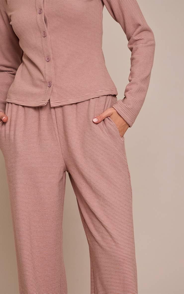 Rose Clair Pantalon Droit En Molleton Doux À Fines Rayures