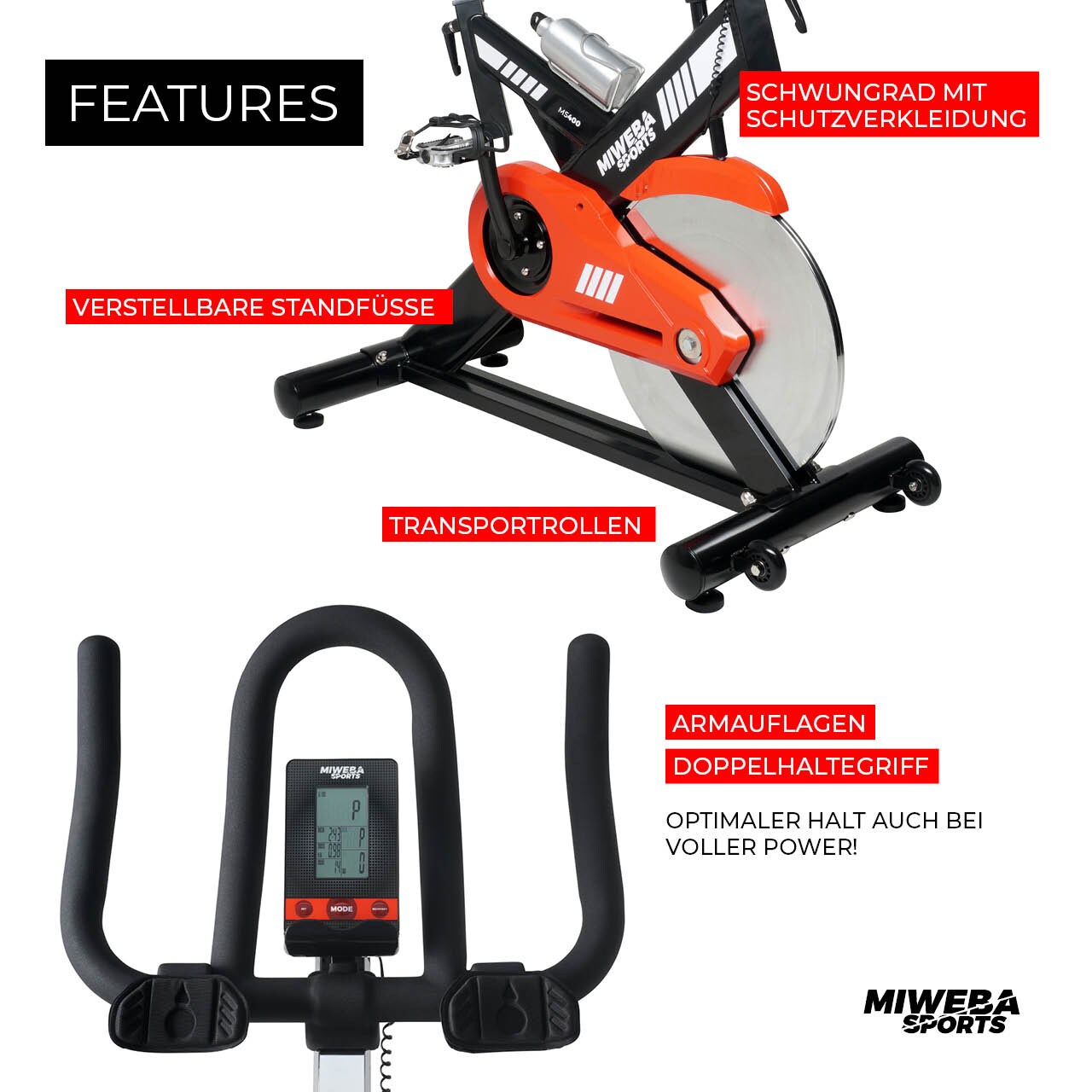 Miweba Sports Profi Indoor Cycle MS400, 22 kg Schwungrad, für zuhause geeignet (Schwarz)