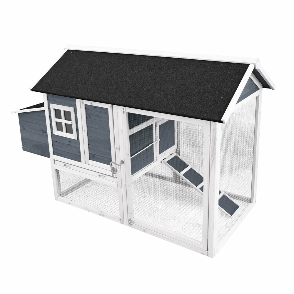 Poulailler avec espaces extérieurs et abri accrue 171 cm blanc gris noir