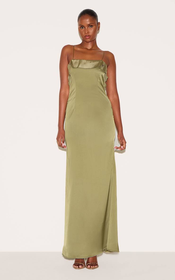 Vert Sauge Robe Longue En Satin À Détail Volant Drapé Au Dos