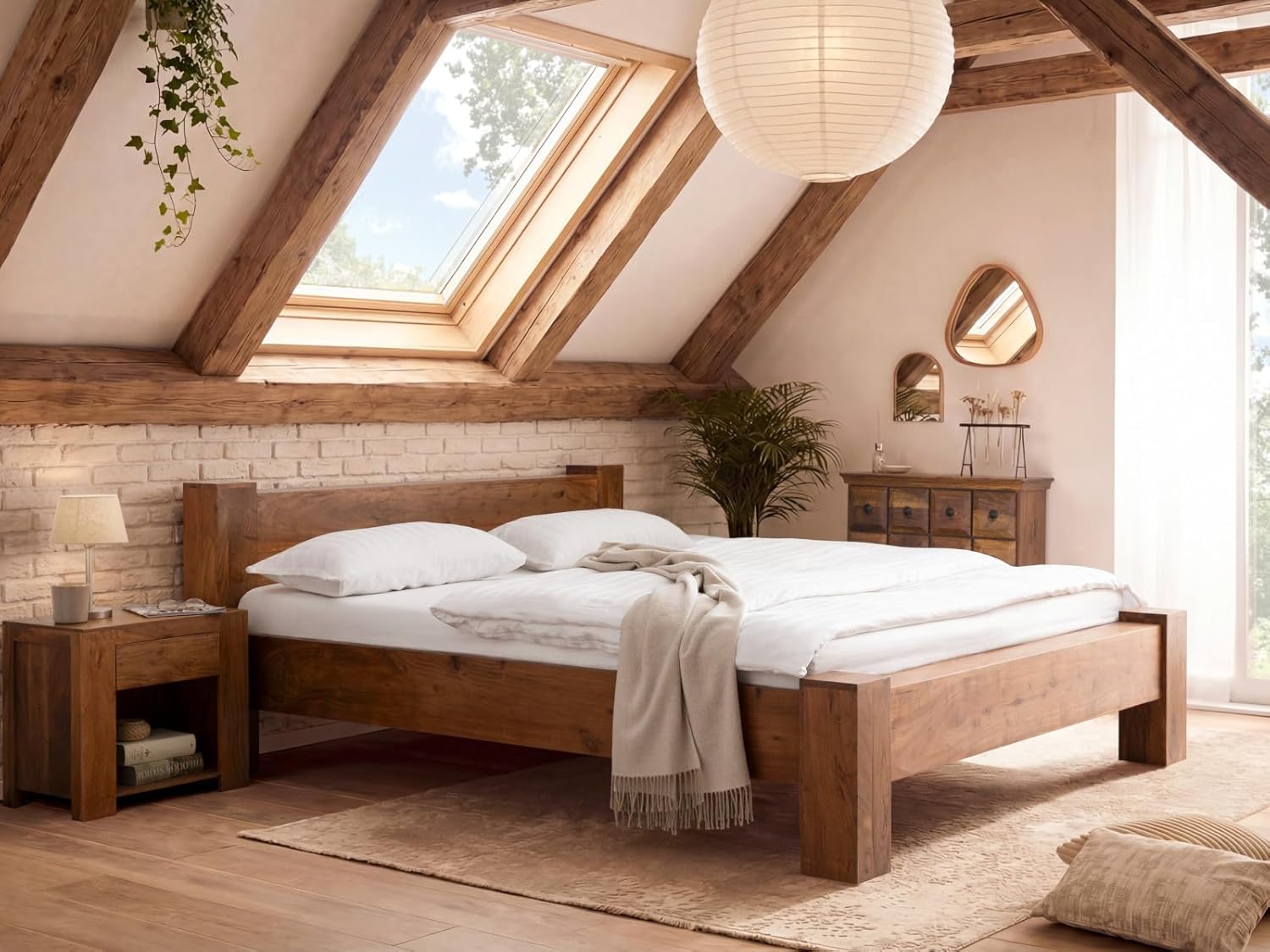 Woodkings Holzbett Osbon aus Akazienholz - Bettgestell im Massiv-Look mit niedrigem Kopfteil - Doppelbett Balkenbett - Schlafzimmer Möbel rustikal (200 x 200)