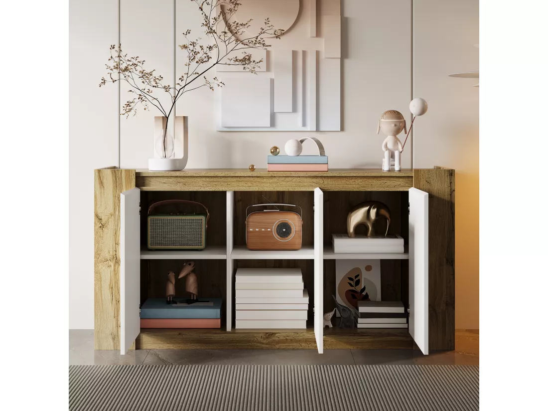 Buffet avec 3 portes en blanc brillant - 150 x 40 x 70.5 cm - LEDs - Etagères réglables - panneau de particules - Naturel et blanc