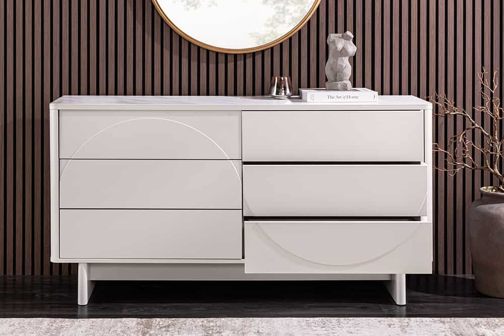 Design Sideboard SAVOY 150cm kaschmir weiß Marmor Keramik mit sechs Schubladen