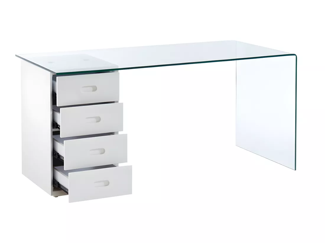 Bureau MURIEL avec rangements - 4 tiroirs - Verre trempé & MDF