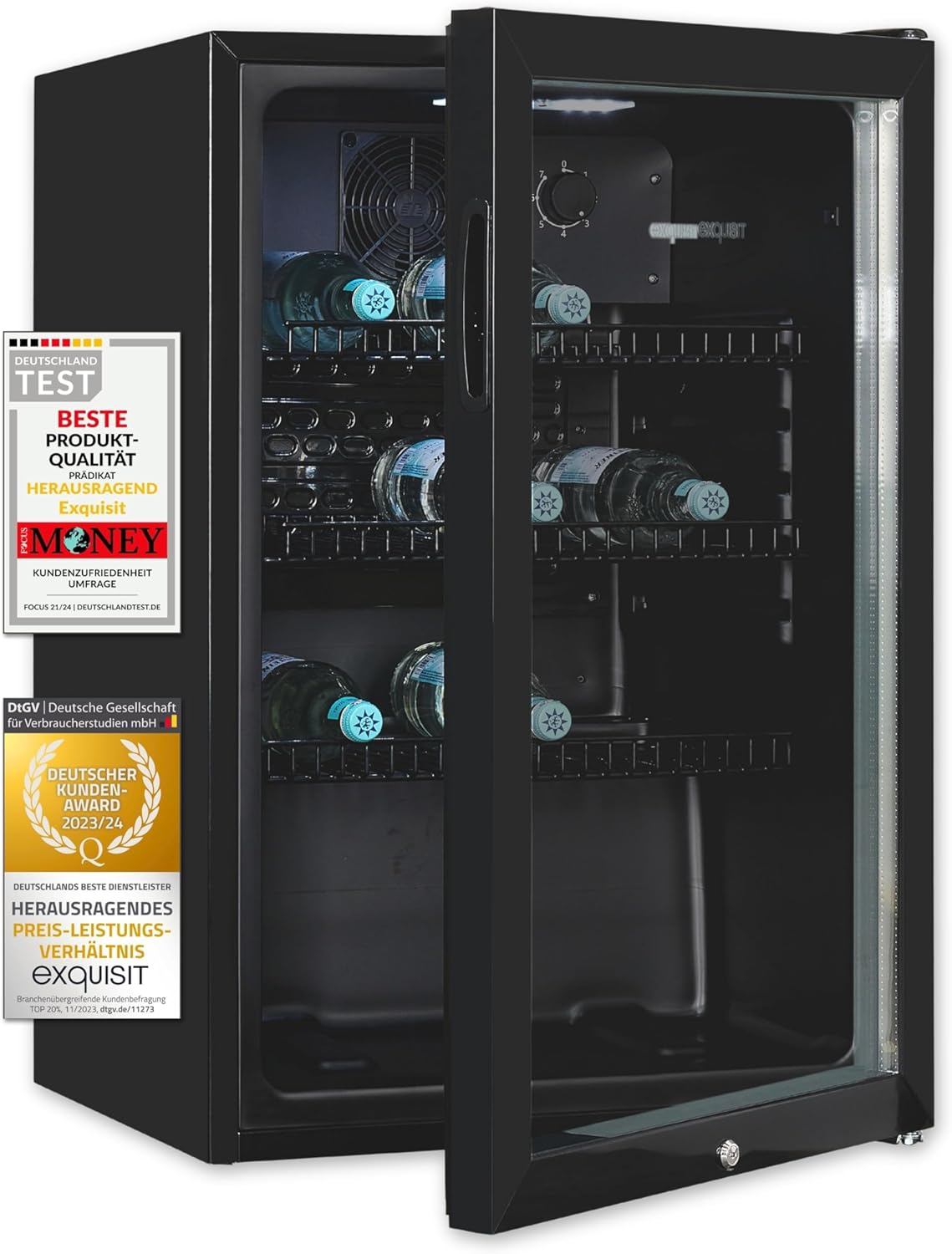 Exquisit Glastürkühlschrank GKS120-GT-160C schwarz | Nutzinhalt: 118 L | Türschloss | 3 Gitterablagen | Umluftventilator | Standgerät