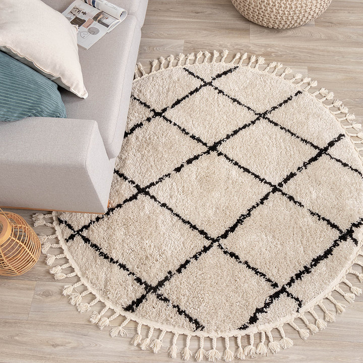 Rond hoogpolig vloerkleed - Grand Lines Weave Creme/Zwart