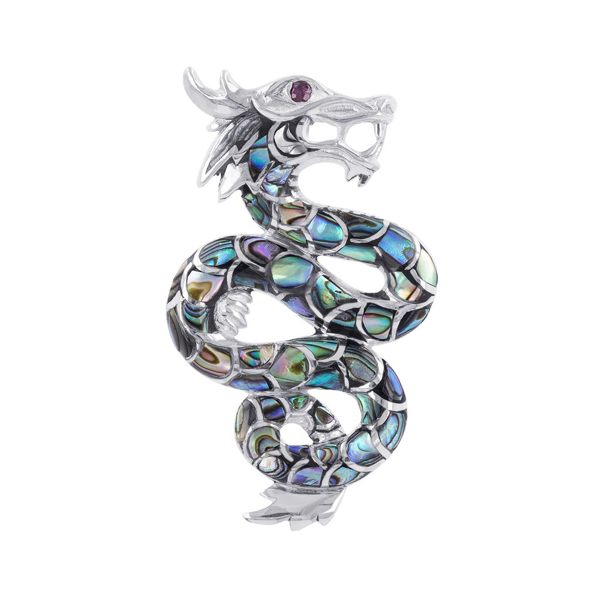 Pendentif Dragon en Argent Massif, Nacre Abalone et Zirconium Rouge - Bijou Captivant