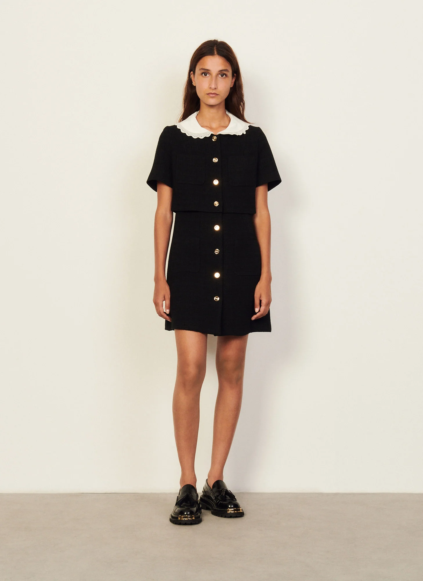 Robe courte col claudine en tweed | Noir
