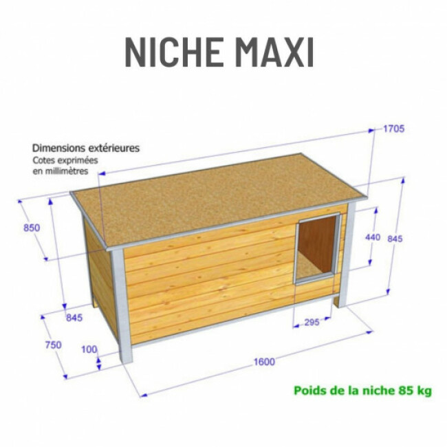 Niche isolée en bois avec toit plat pour chien