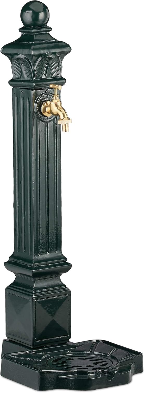 Relaxdays Standbrunnen, Wasserzapfstelle in Antik Look, Säule mit Wasserhahn & Becken, HBT: 80 x 28 x 32 cm, dunkelgrün, Grün