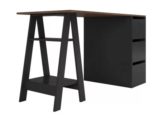 Bureau Tréteau et Caisson 3 Tiroirs Noir et Châtaignier L 135 H 75 P 60 cm