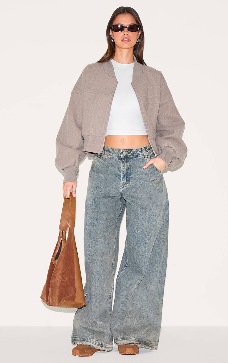 Taupe Veste Bomber Courte À Manches Froncées