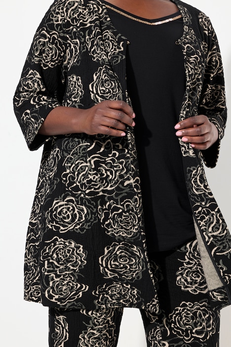 Jacquard-Jacke, Blüten, A-Linie, V-Ausschnitt, 3/4-Arm