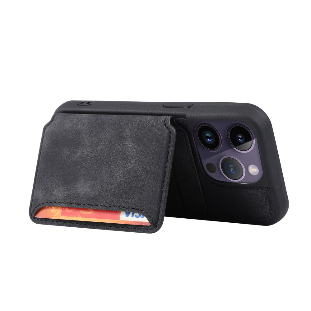 iPhone 15 Pro Hardcase Leder Hülle mit Kartenfach (RFID Schutz) - Schwarz