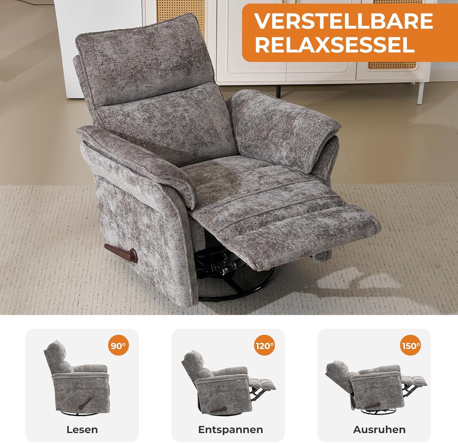 Fernsehsessel Relaxsessel mit Liegefunktion,360°Drehbarer TV Sessel Wohnzimmer, Schaukelstuhl mit Verstellbarer Kopfstütze,Dicke Rückenlehne und Armlehne,Seitentaschen,grau