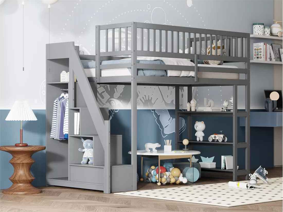 Lit mezzanine 90x200 cm en bois - avec étagères et une penderie - avec barres hautes - Gris