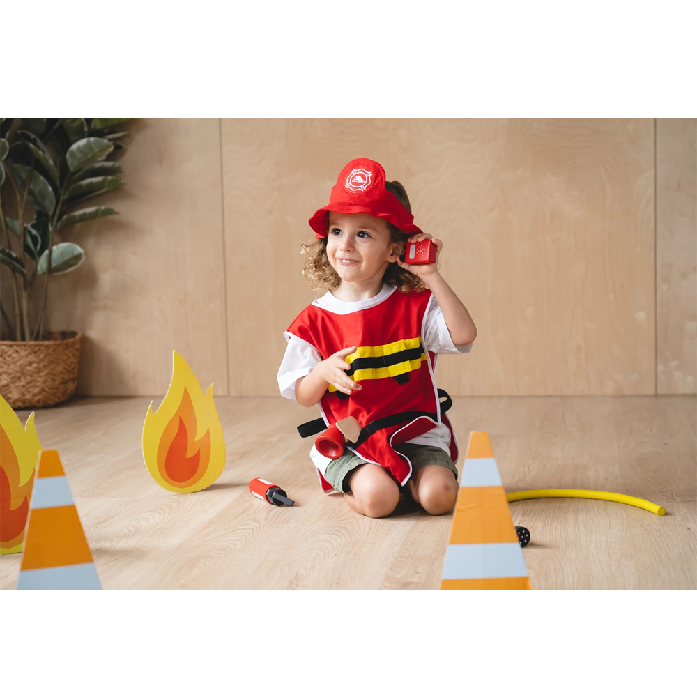 (8-tlg. Set) Holz Feuerwehr Spielset Kinder Spielzeug Lern Zubehör inkl. Stoff Weste / Helm (3708)