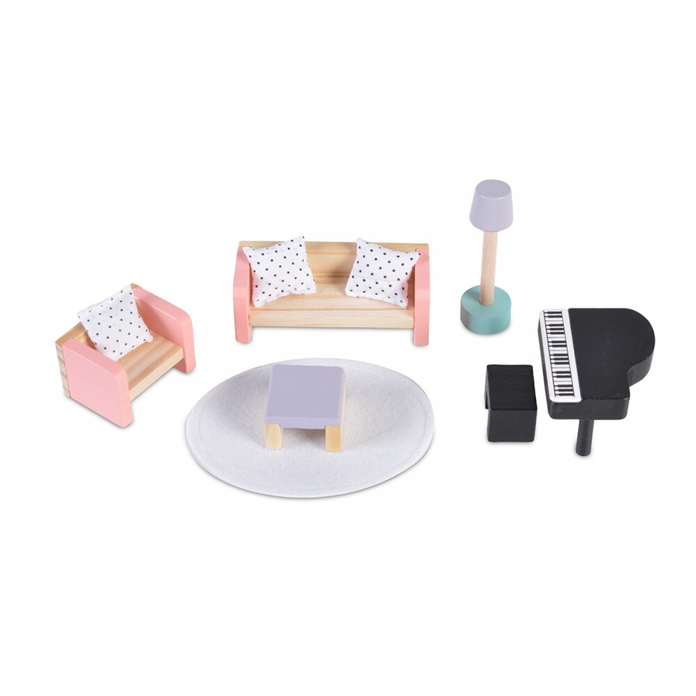 Moni Holz-Puppenmöbel Wohnzimmer 4011 Möbelset Klavier Sofa Lampe Tisch Teppich bunt