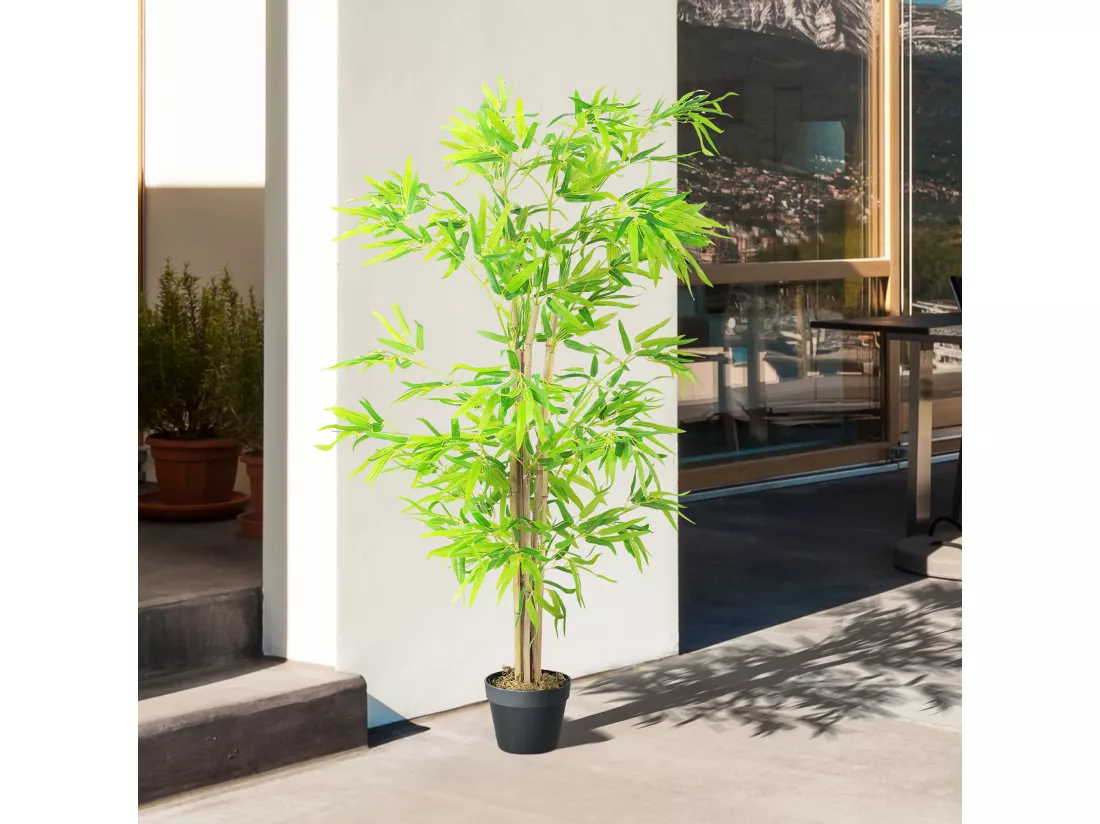 Bambou Artificiel Hauteur 1,5 m 644 Feuilles denses réalistes Pot Inclus Noir avec Lichen Vert