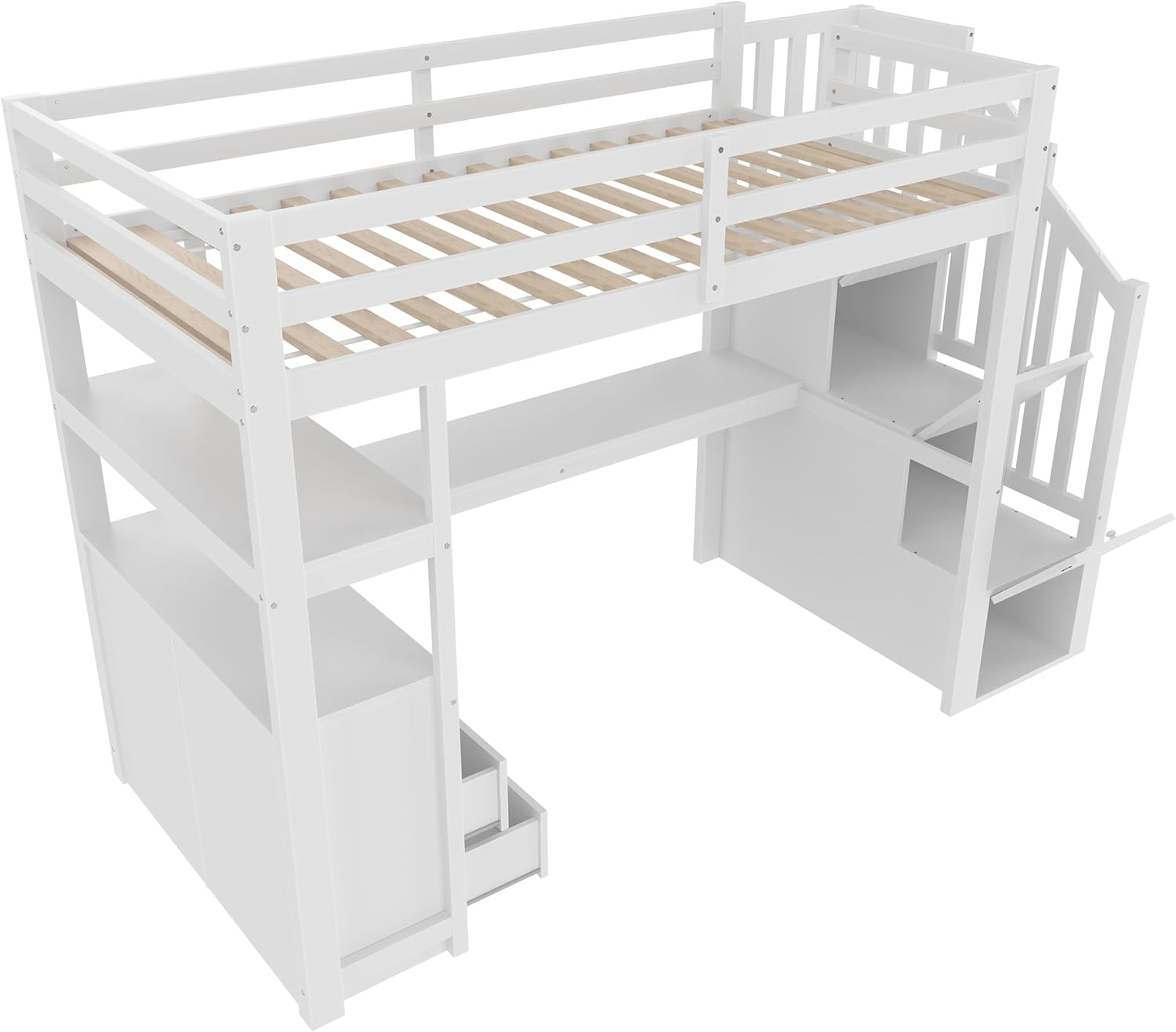 Hochbett mit Schreibtisch und Treppe, Etagenbett Kinderbett mit Stauraumschubladen und Regale, 90x200cm Stockbett Funktionsbett Kinderhochbett Jugendhochbett, inklusive Lattenrost, ohne Matratze,Weiß
